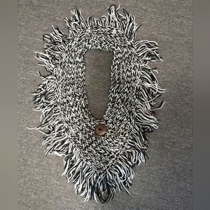 Black and White Fringe Knit Scarf Wrap with Button Detail